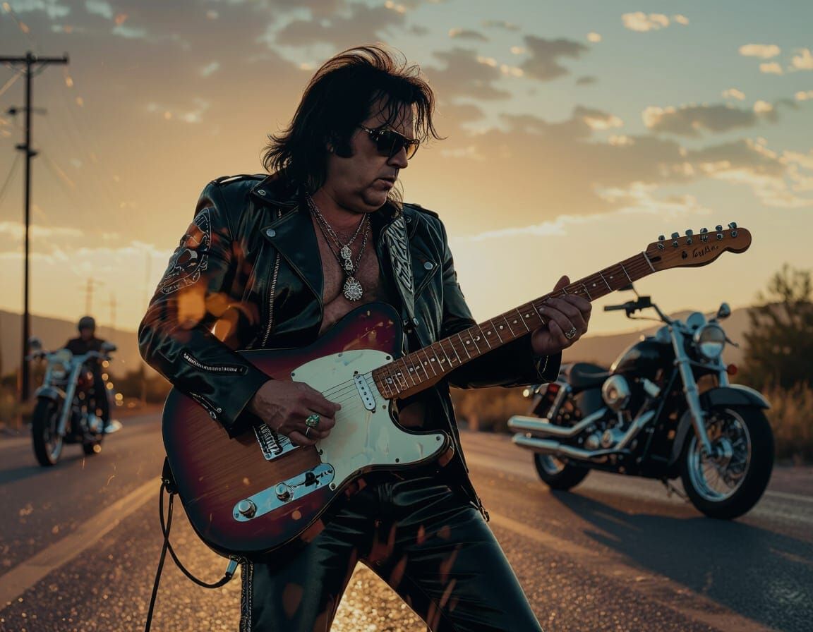 Meatloaf Silhouette Plays Telecaster Amidst Motorbikes
