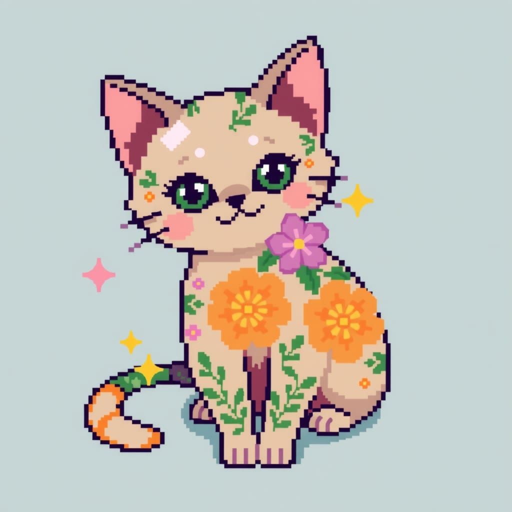 Pixel Floral Cat: 8-bit Digital Art