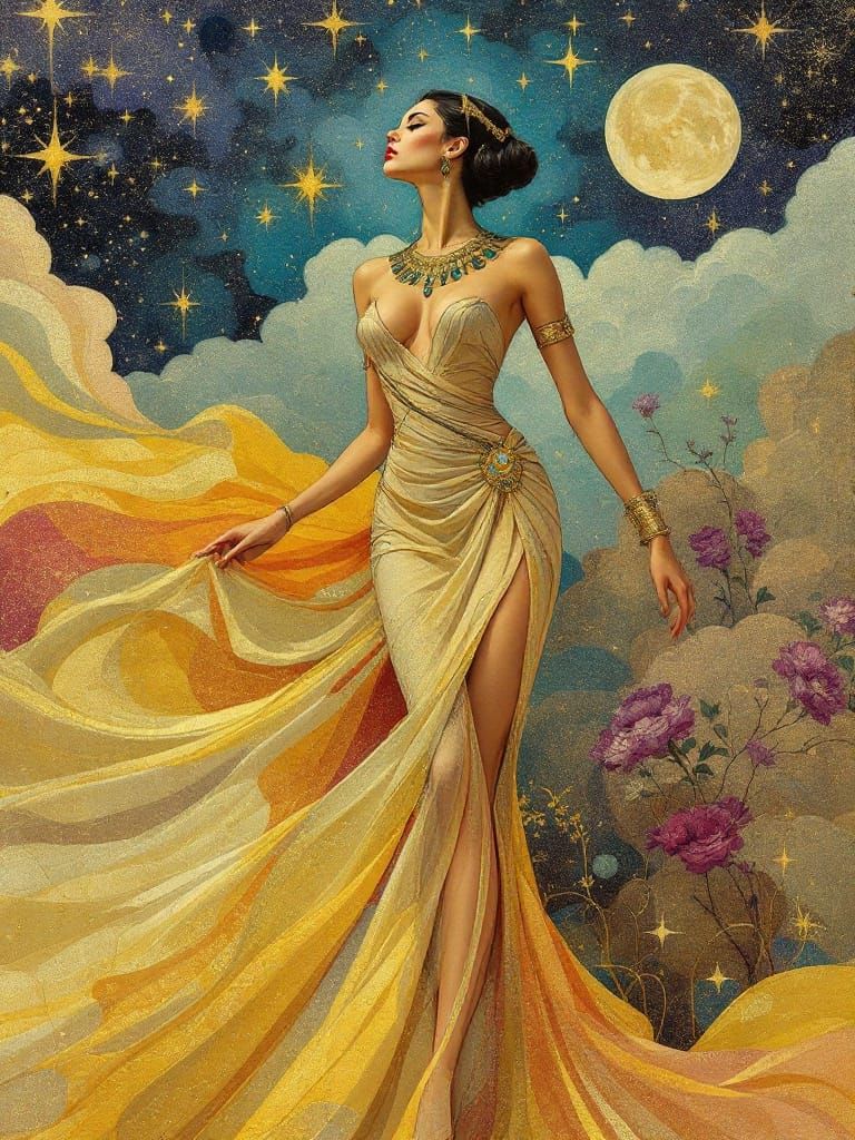 Dreamlike Fusion of Art Deco Elegance and Silk Embroidery