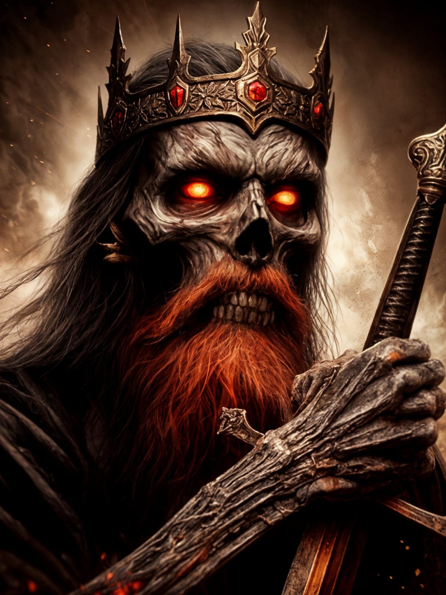 King of Swords: Red Beard Skull with Flaming Eyes