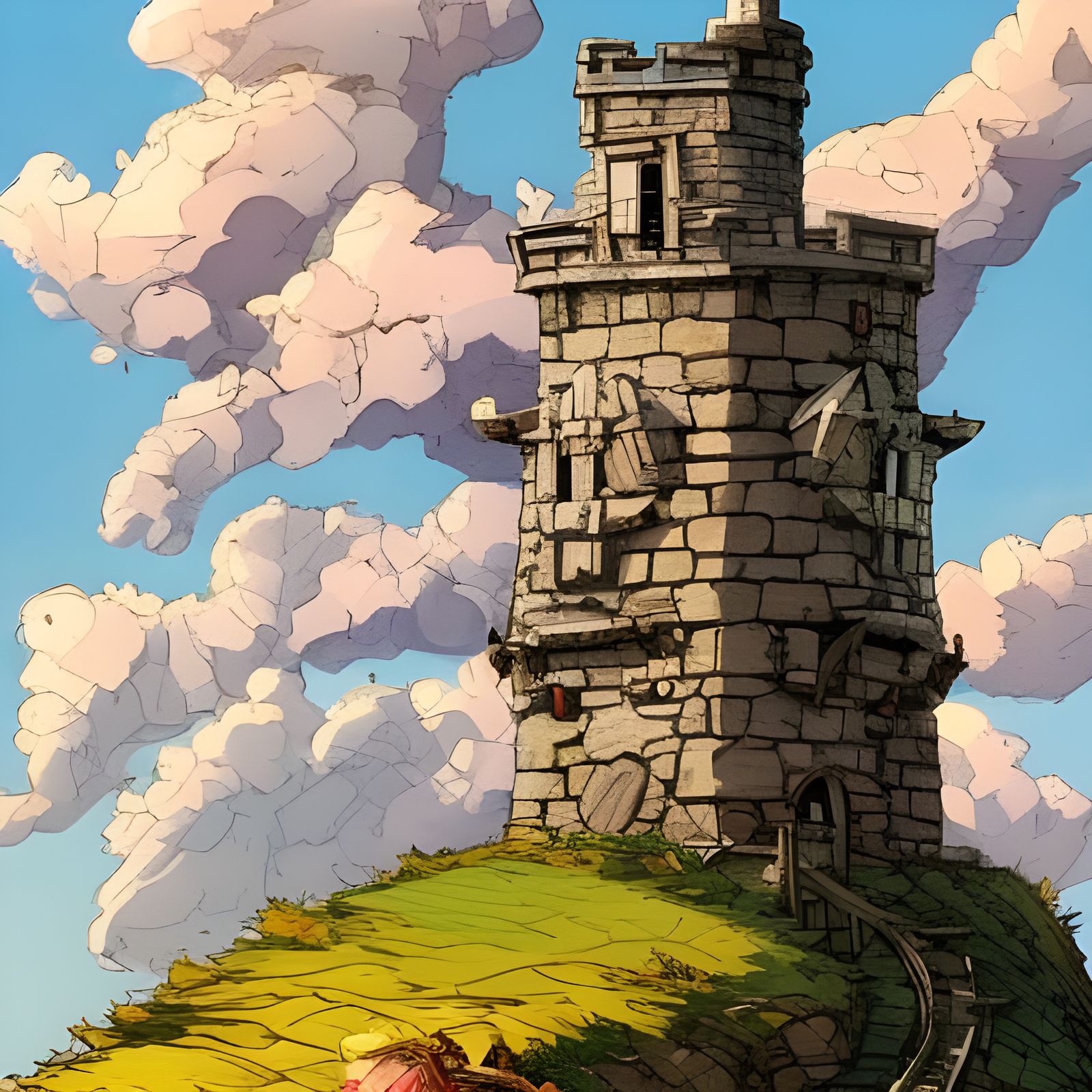 Medieval Watchtower Overlooking Wheat Fields, Pencil Sketch