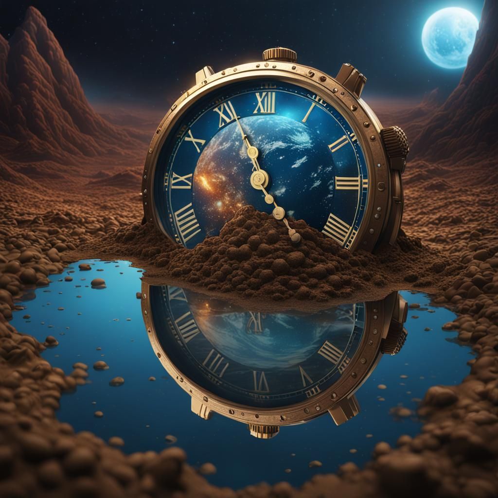 Galactic Hourglass and Watch in Surreal Landscape