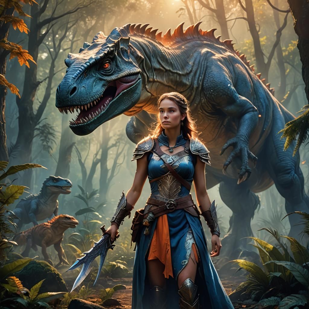 Magical Warrior Princess with T-Rex in Mystical Forest