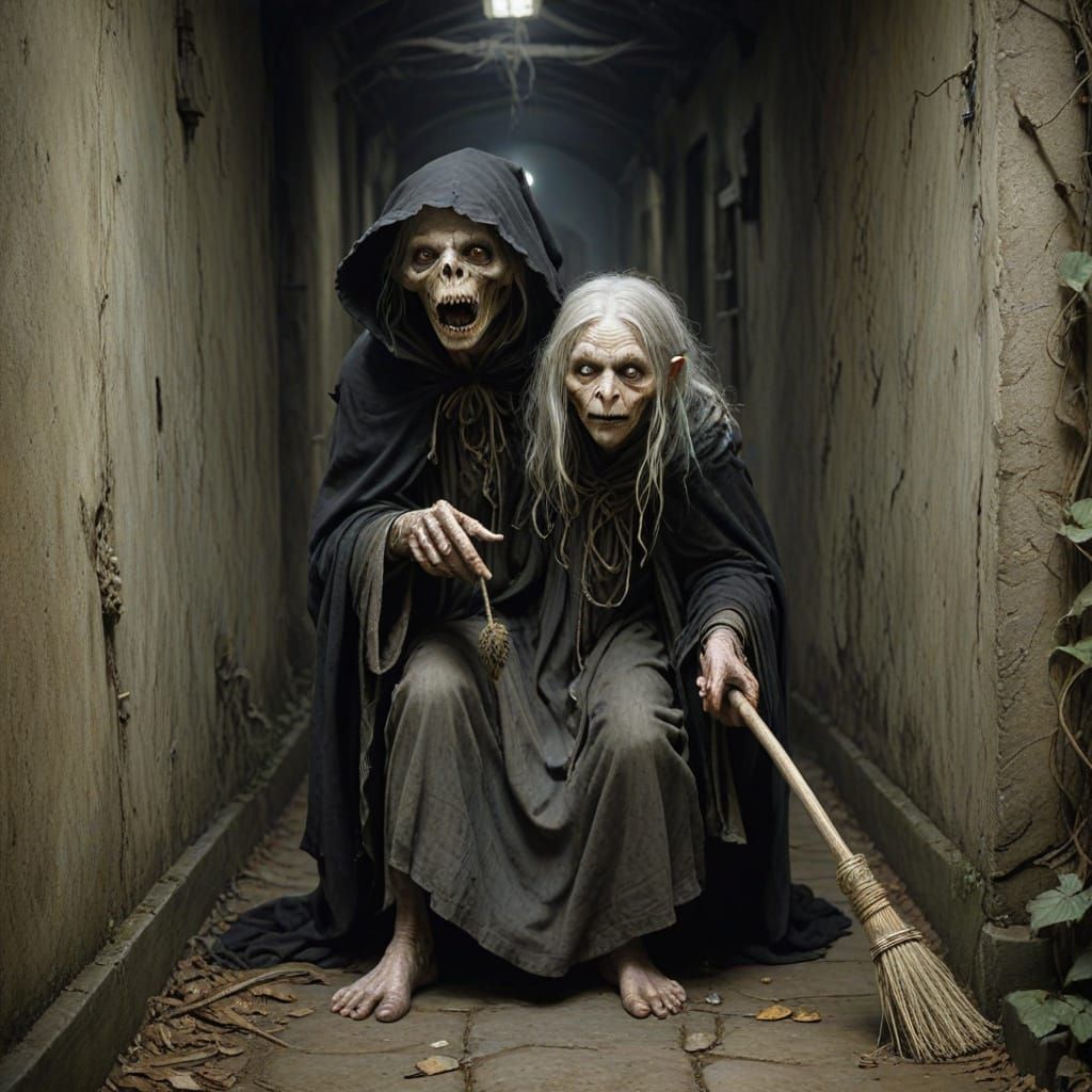 Grotesque Crone Emerges from Darkened Hallway