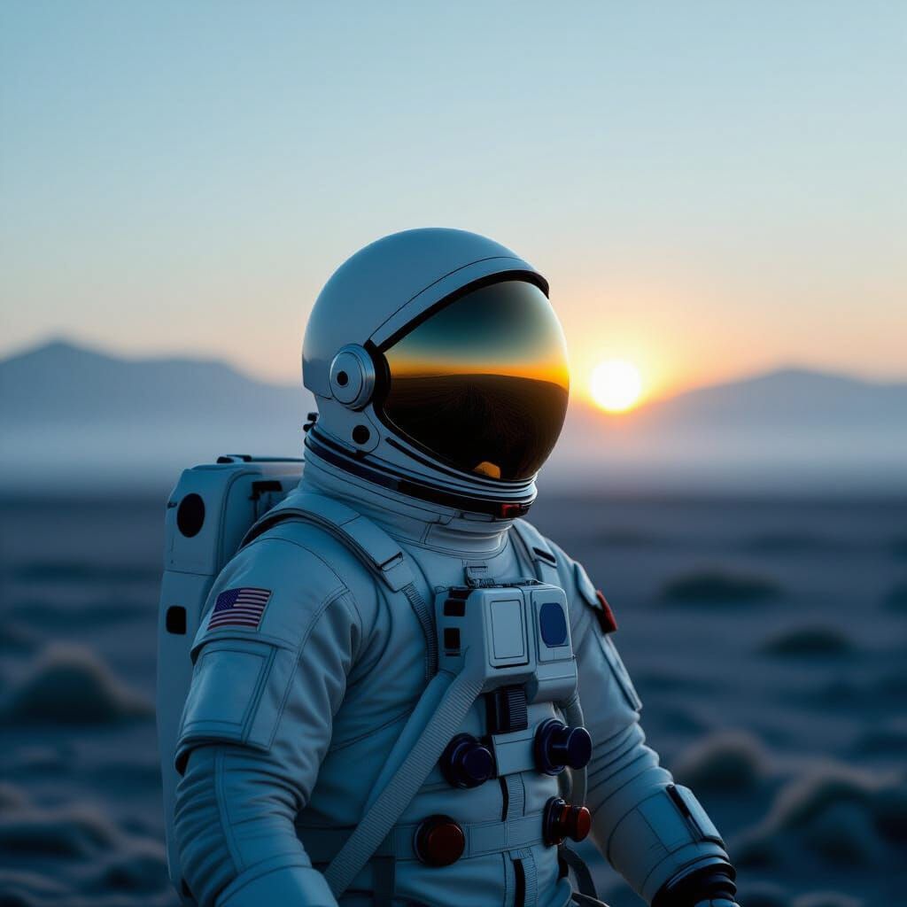 Astronaut Adrift in Space, Helmet Reflects Dying Star