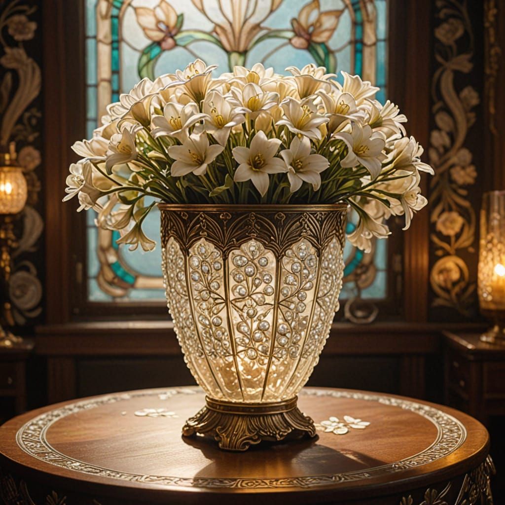 Crystal Vase with Luminous Flowers in Art Nouveau Style