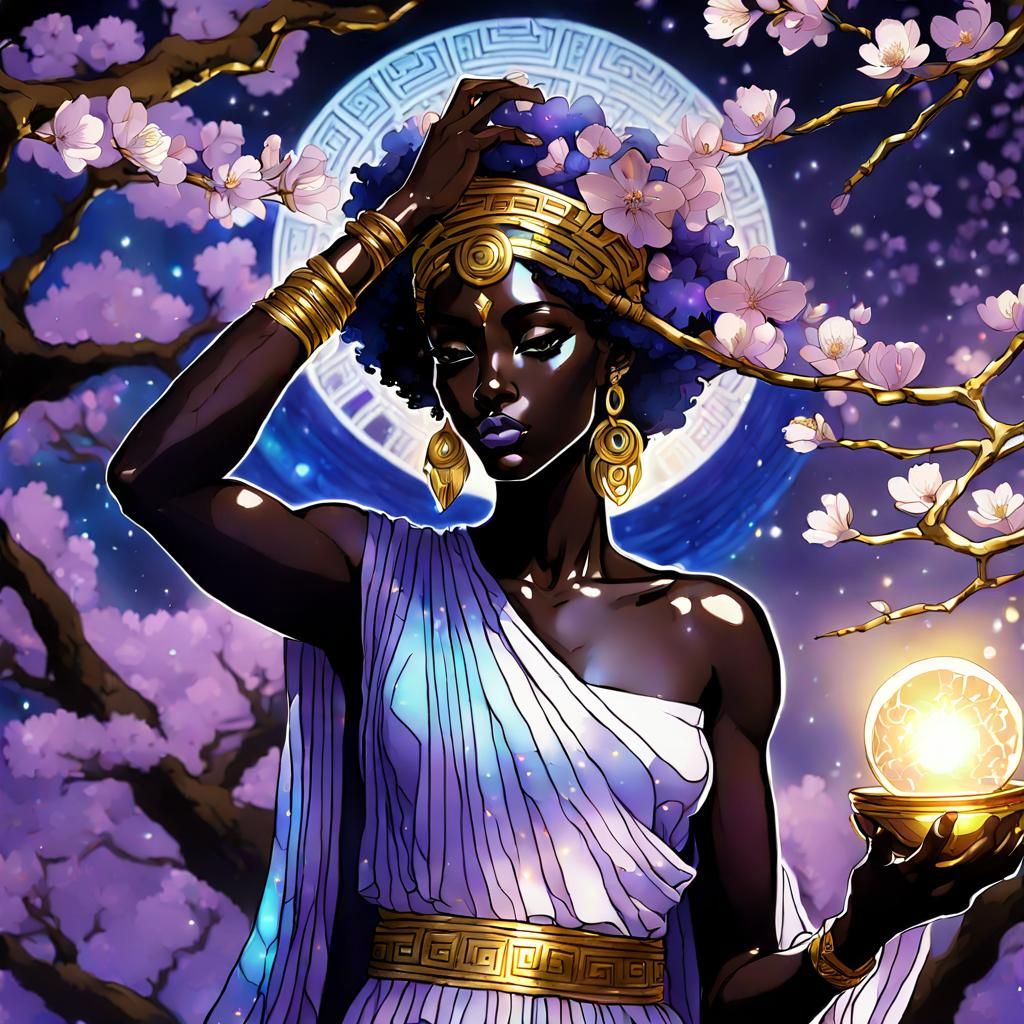 Black Greek Goddess with Cherry Blossoms and Aura