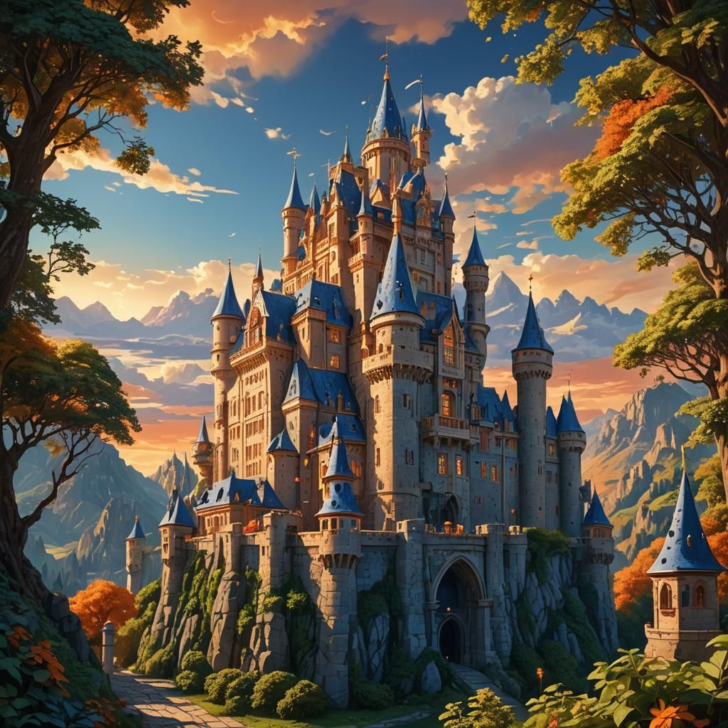 Majestic Castle in Neo-Impressionistic Digital Painting