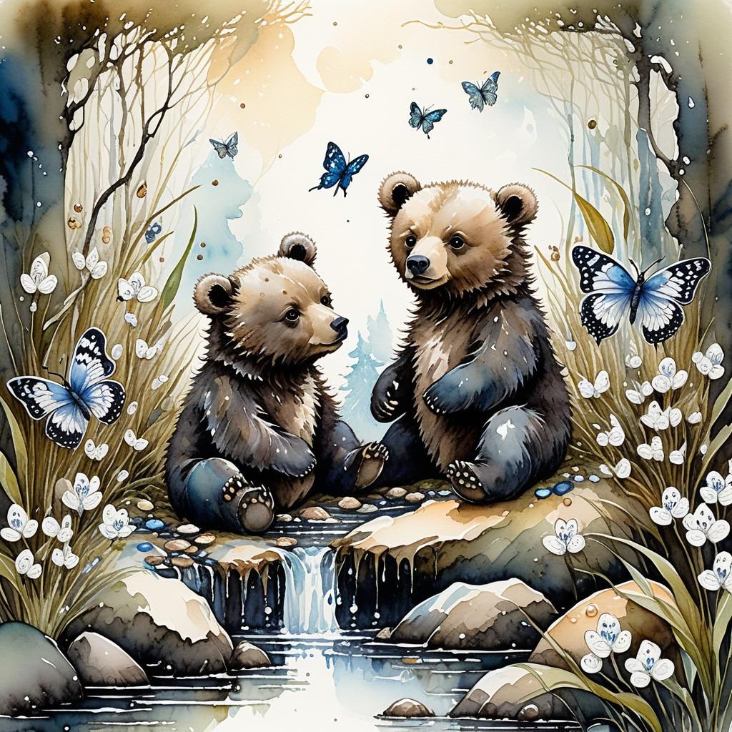 Cute Baby Bears and Butterflies Painting