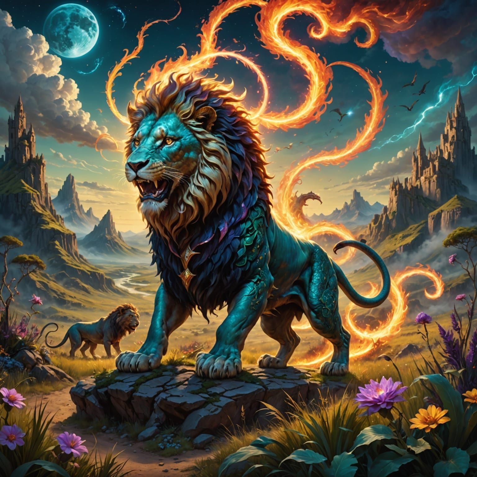 Magical Chimera Prowls Enchanted Landscape