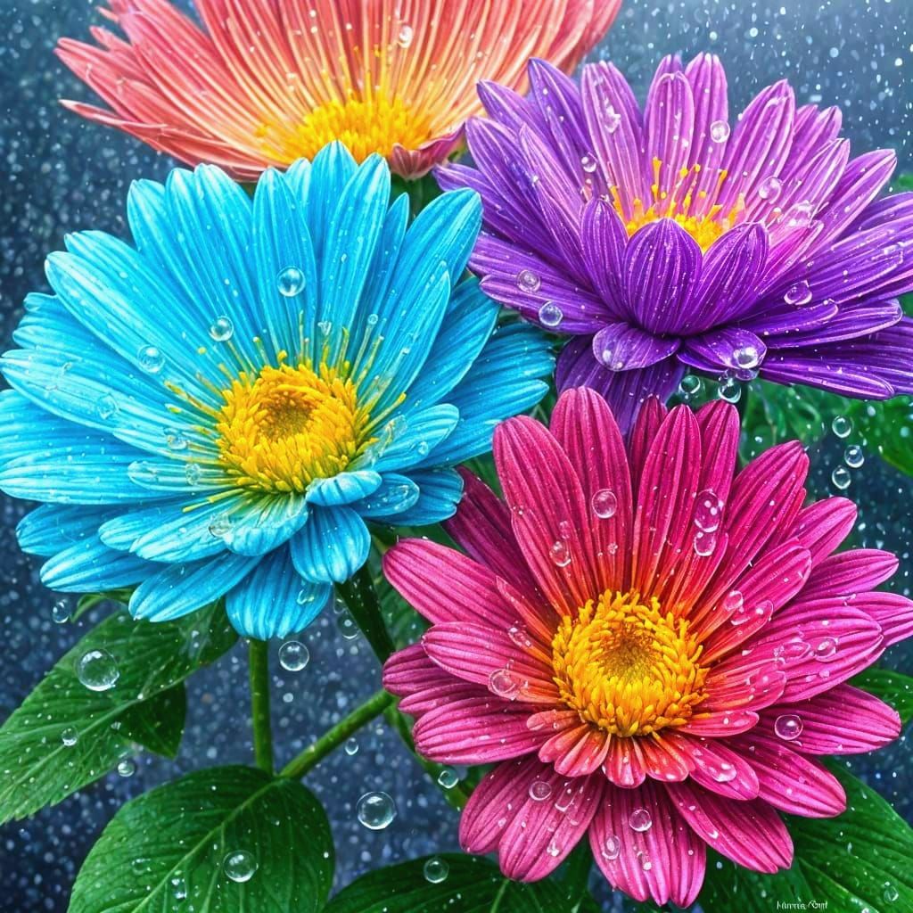 Fresh Flowers with Raindrops: Rich Colors and Realism