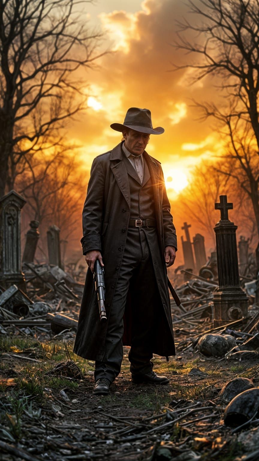 Apocalyptic Vicar with Smoking Gun at Sunset
