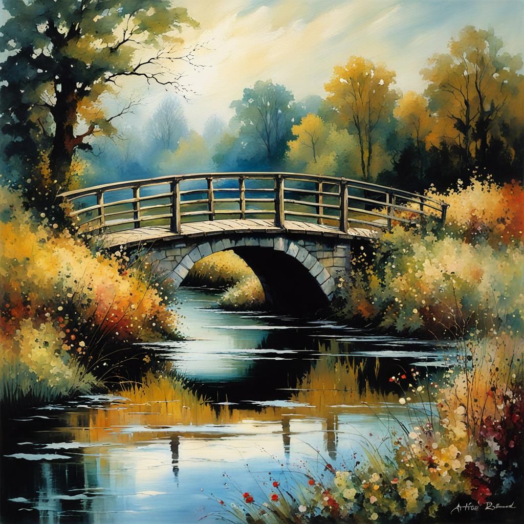 Fantasy Bridge Over Sparkling River, Rackham Style