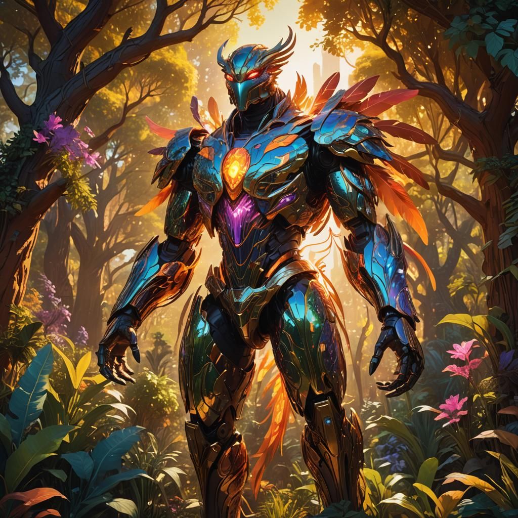 Phoenix Golem in Mystical Garden: Fantasy Art
