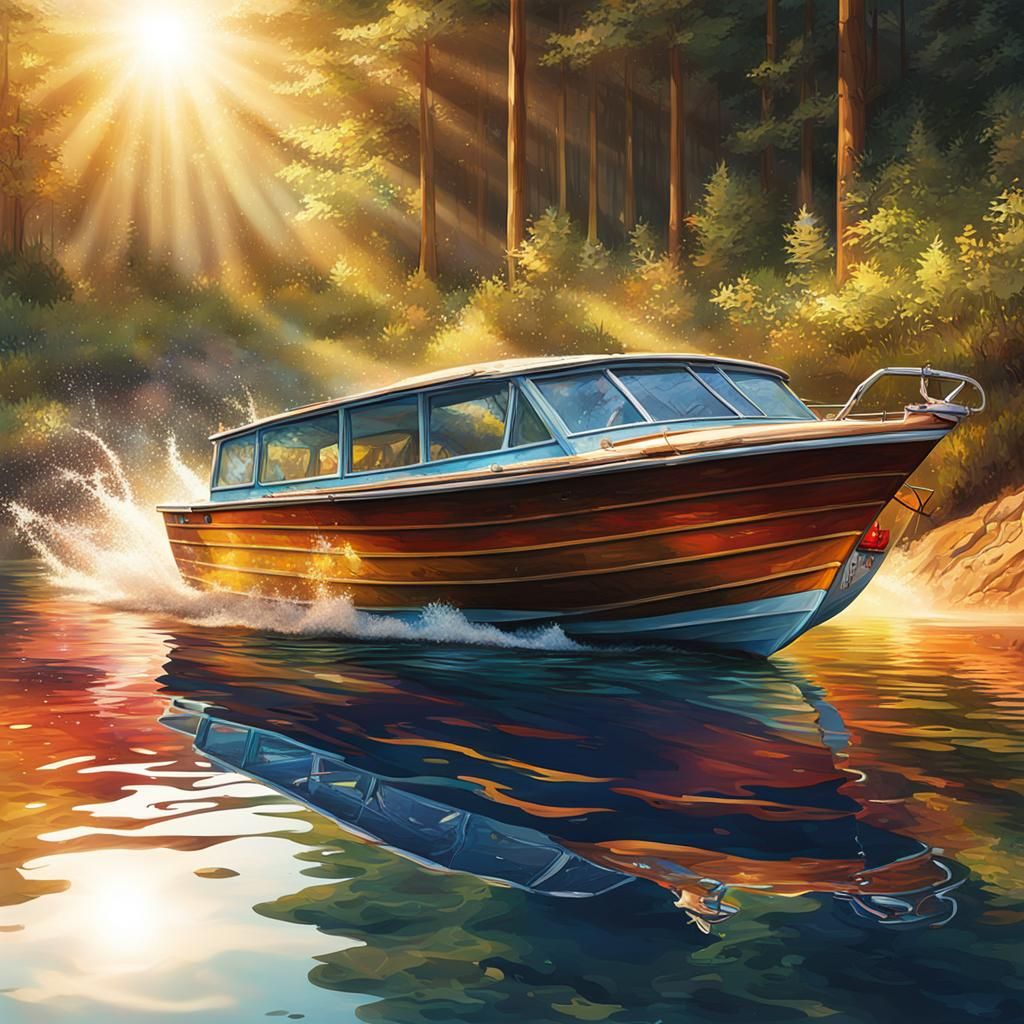 Sunshine Water Woods: Hyperrealistic Boat and Car