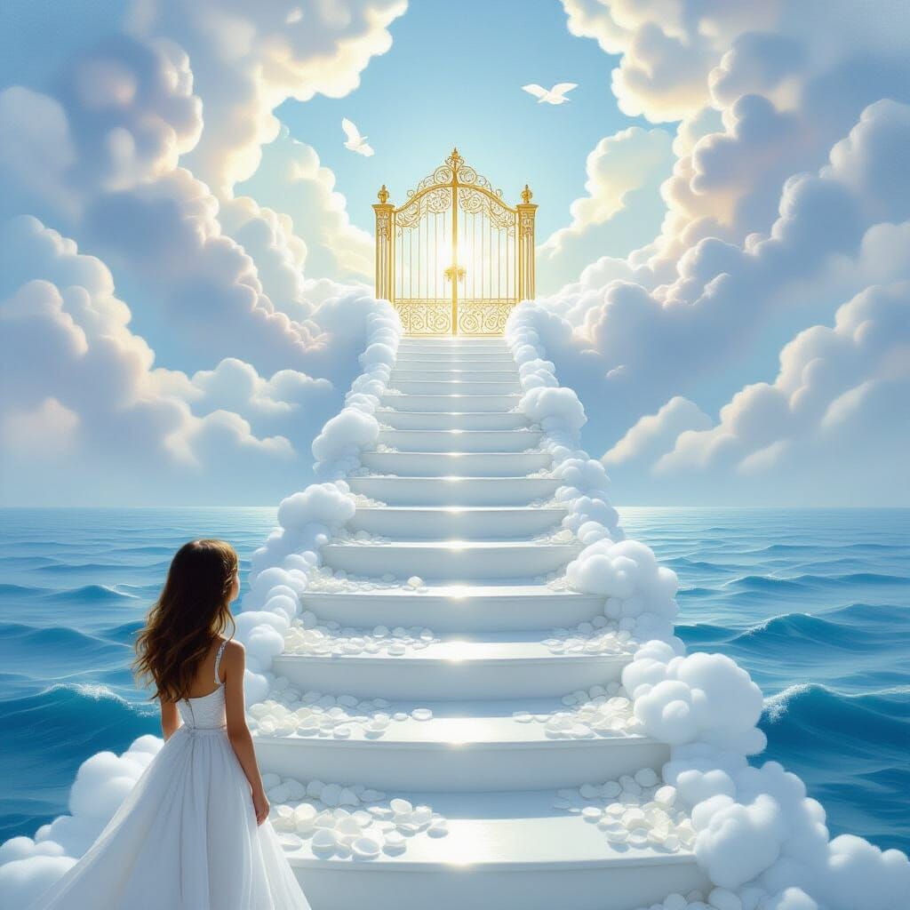 Surreal Staircase to Clouds in Dreamlike Oil Painting