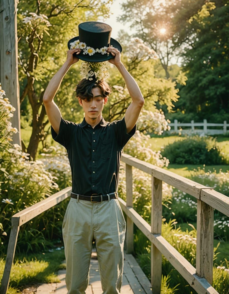 Daisies Bloom Under Hat in Park, Alphonse Mucha Style