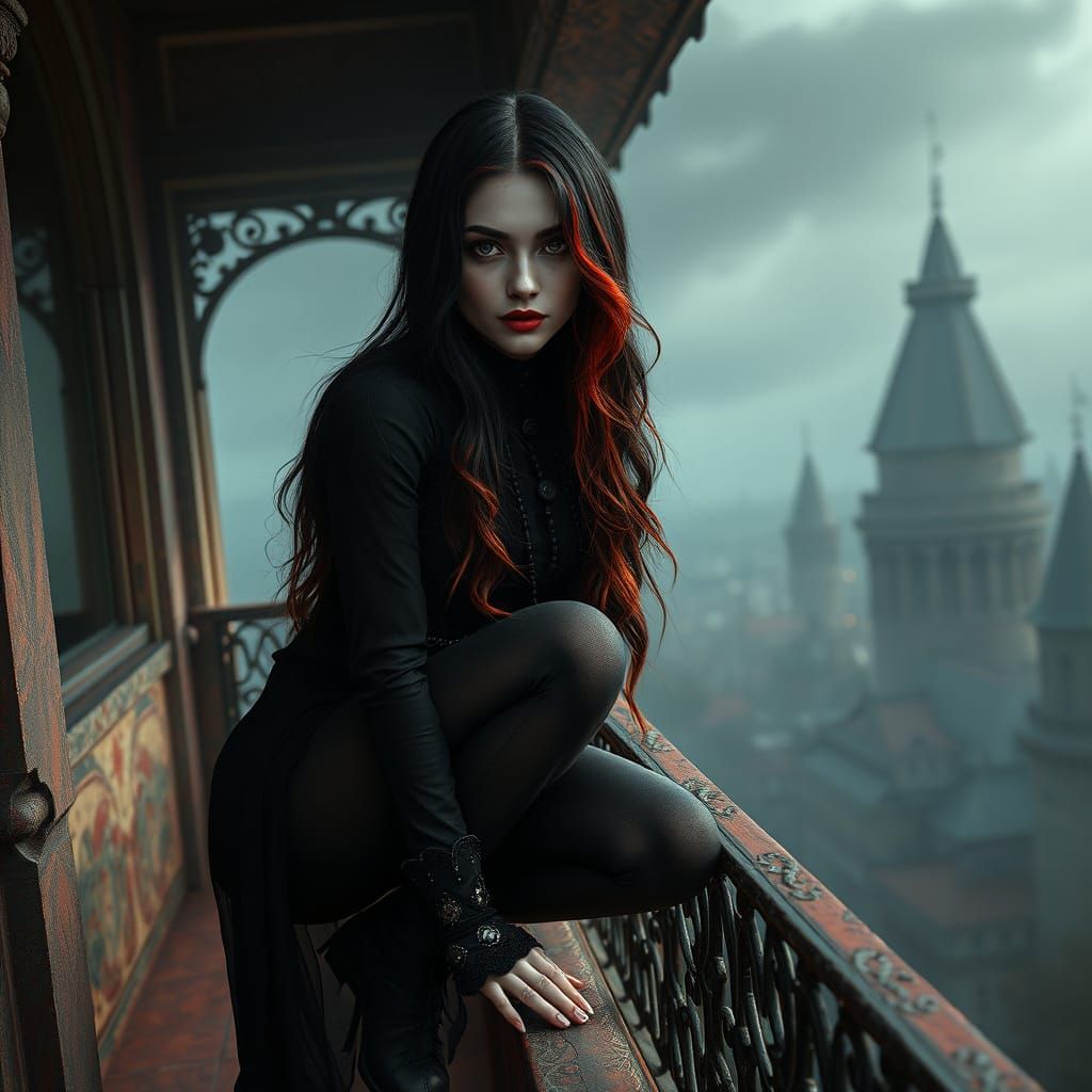 Gothic Woman on Balcony: Dramatic Digital Matte Painting