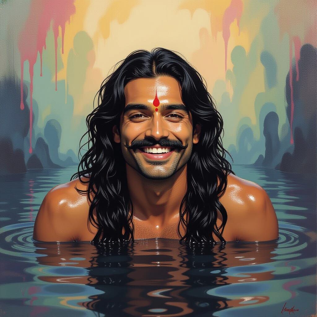 Smiling Man Bathes in Black Mud in Candyland Style