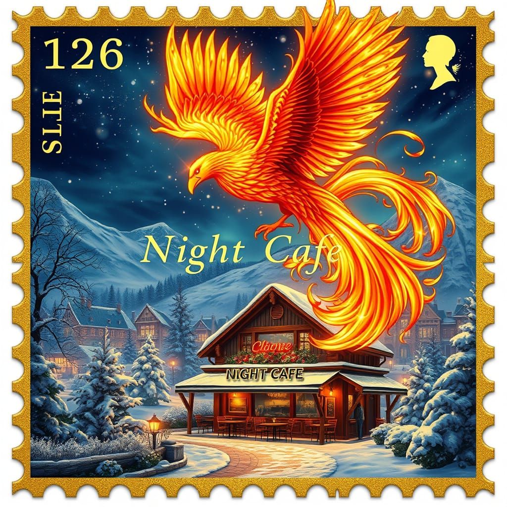 Golden Phoenix Winter Cafe on Postage Stamp