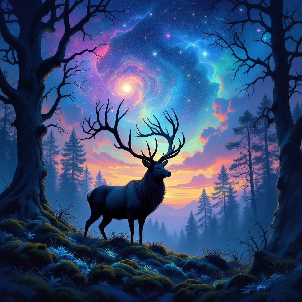 Majestic Stag with Tree Antlers Against Cosmic Twilight