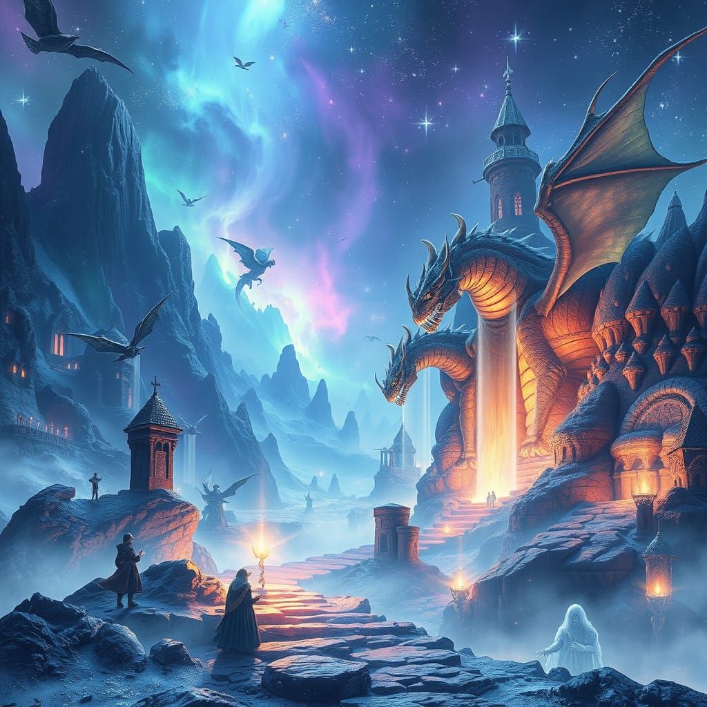 Ethereal Fantasy Realm with Ancient Dragons and Wise Wizards