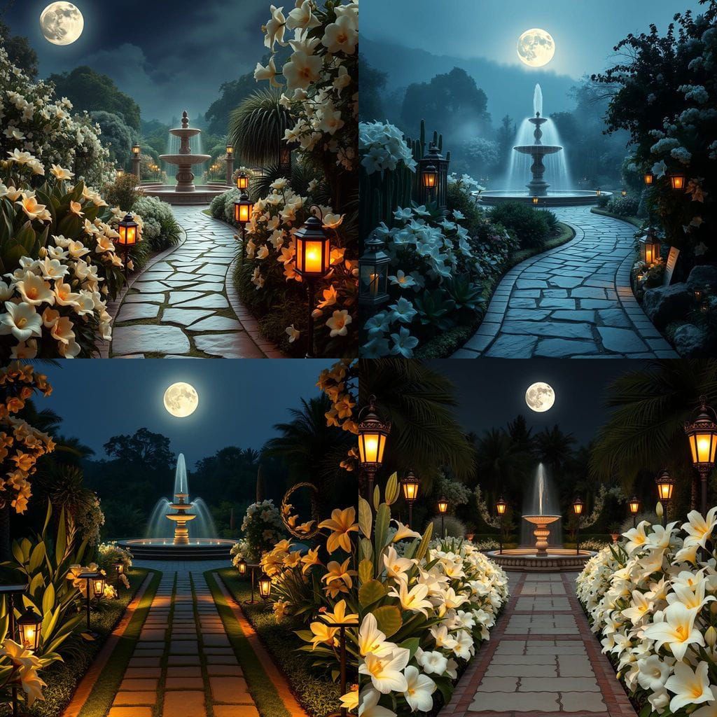 Ethereal White Garden Illuminated Under Moonlight