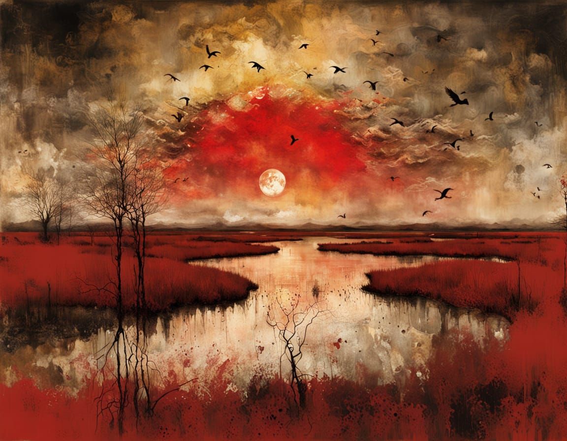 Magical Sunset Over Marshlands in Ink Illustration Style
