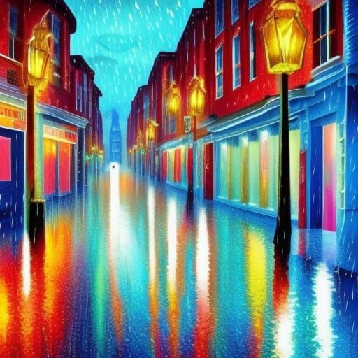Rainy Street Reflection: Acrylic Pointillism at Night