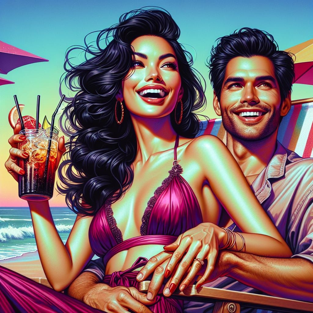 Beautiful Latina woman with black hair wearing a crimson/purple bikini, sitting on her boyfriend's lap  (couple in love)...