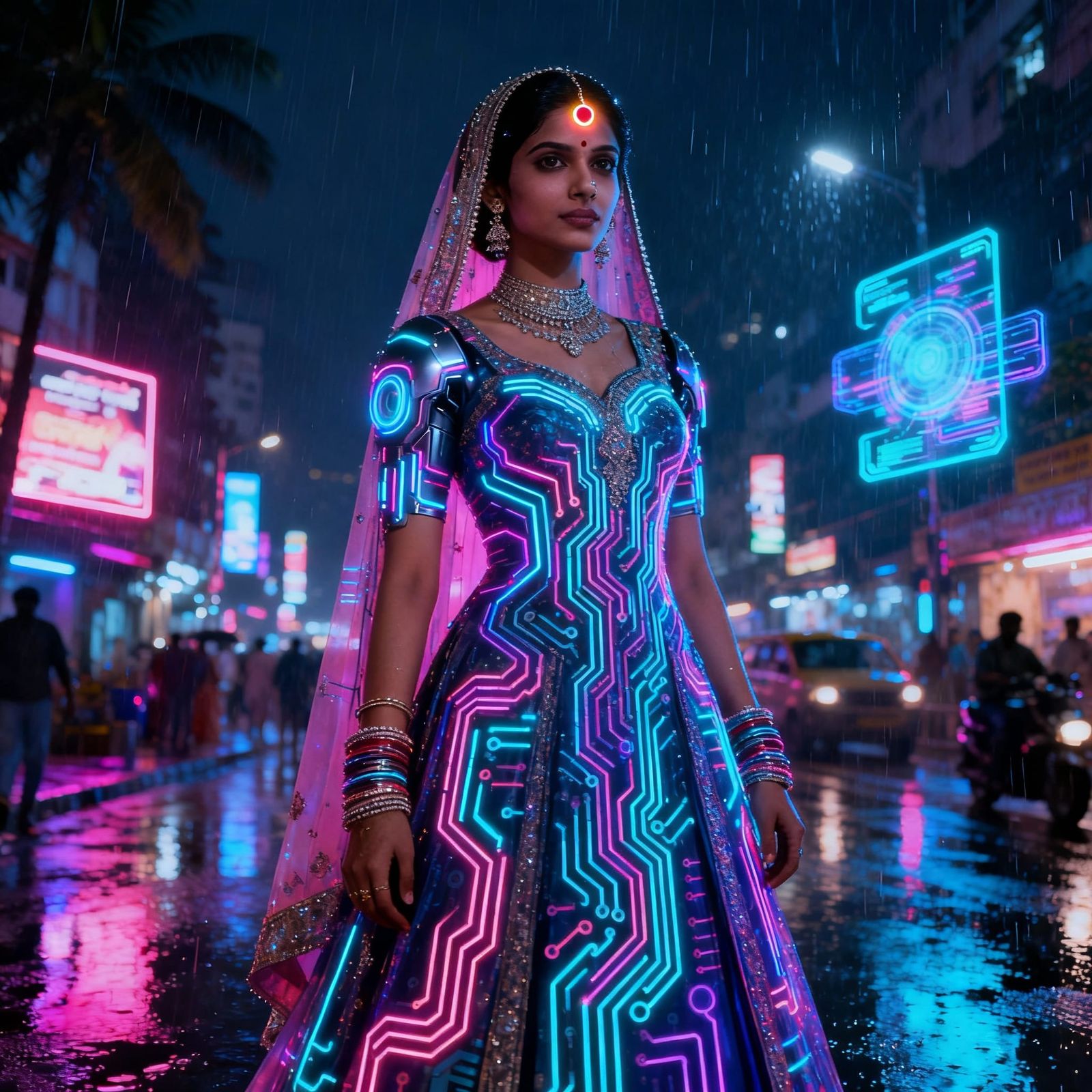 Cyberpunk Indian Bride in Neon Mumbai