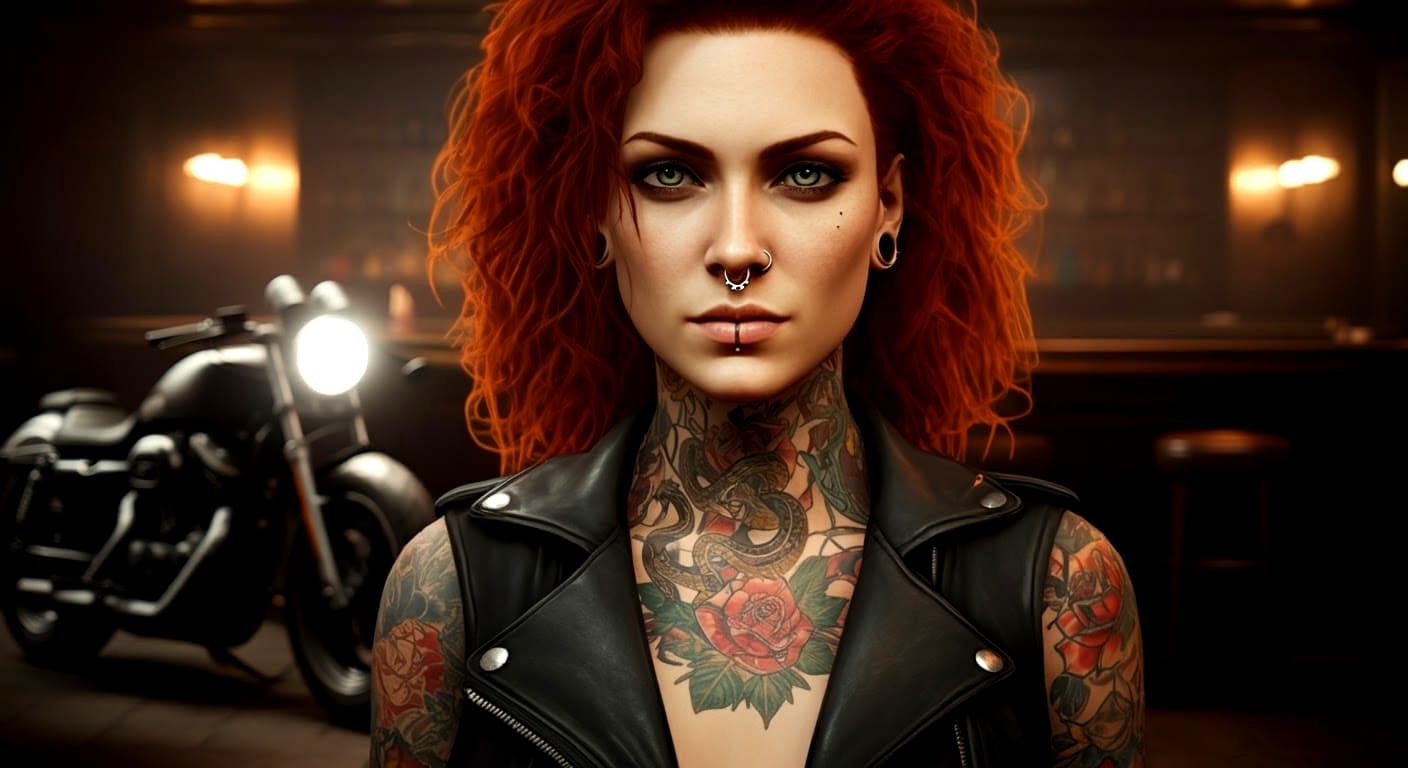 Redhead Biker Portrait in Hyperdetailed Style