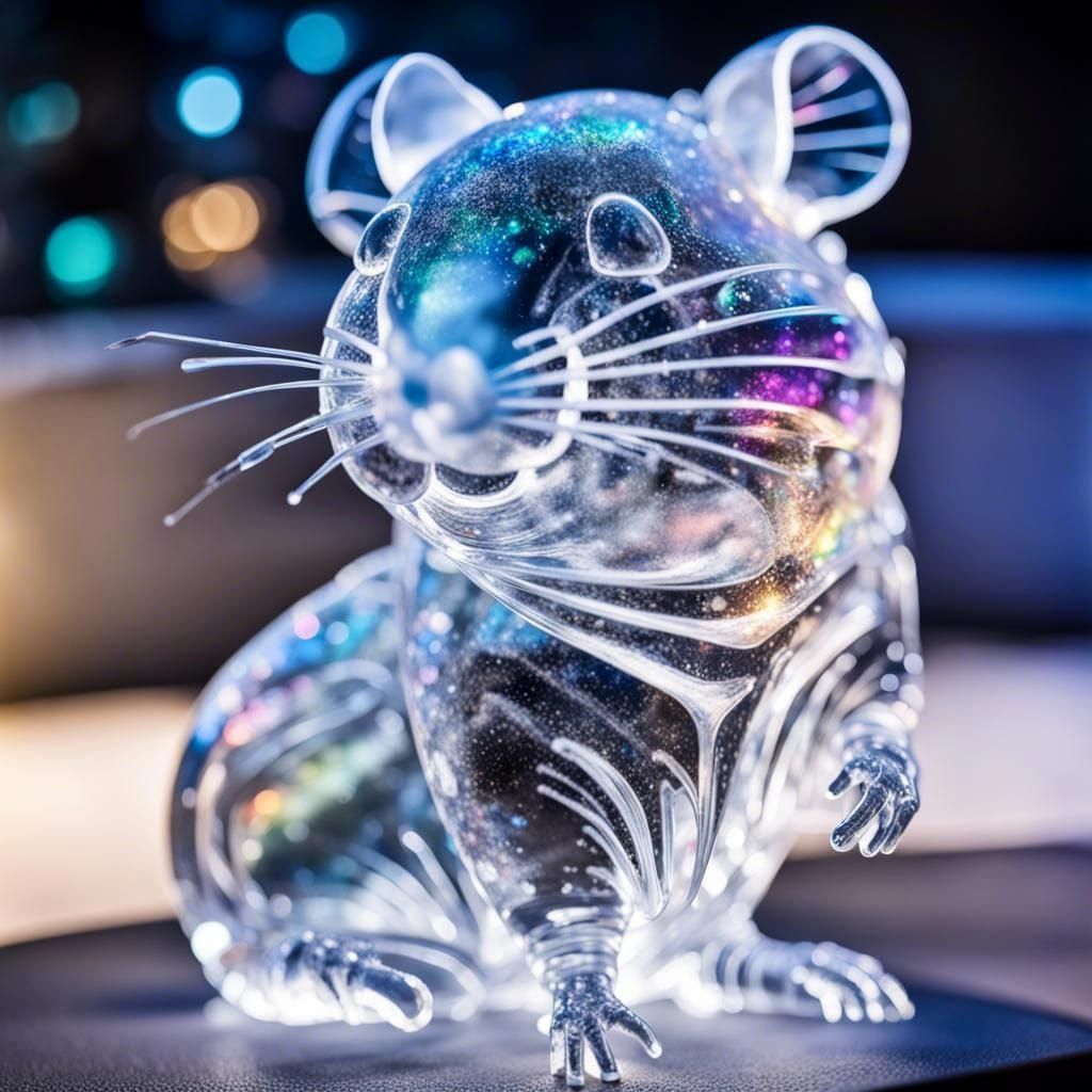 Realistic Iridescent Ice Statue of a Mouse