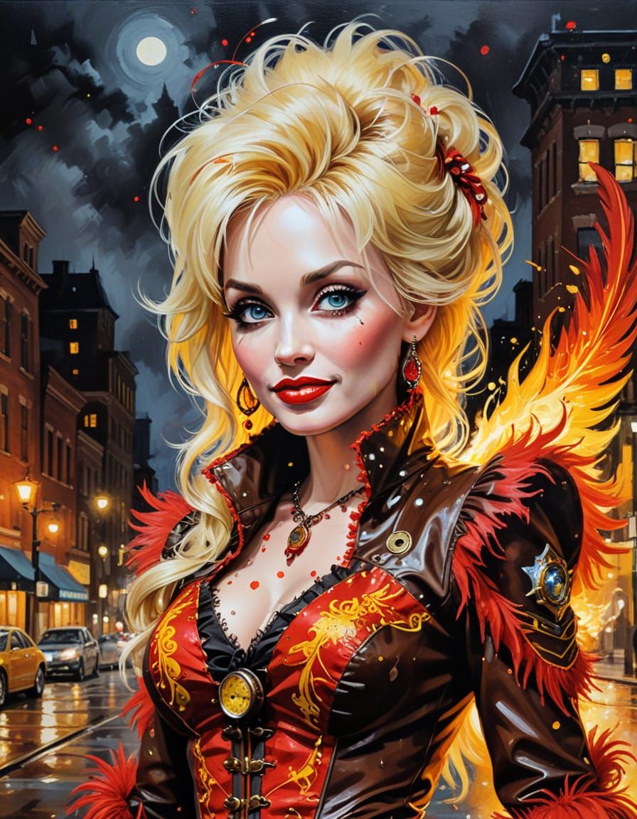 Steampunk Dolly Parton Creature in Fire Red Fur