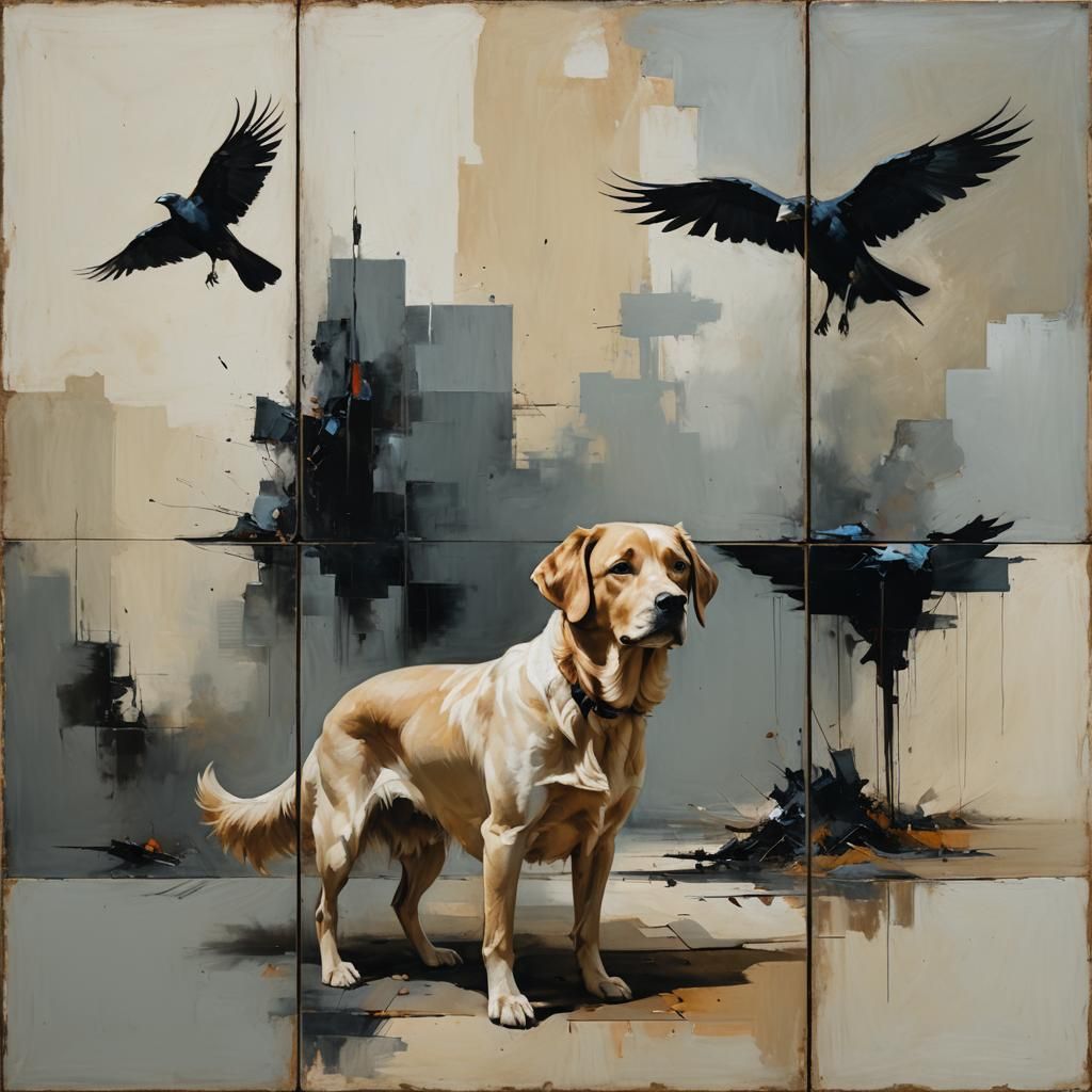 Triptych Featuring Cube, Dog Study, and Bird Landscape