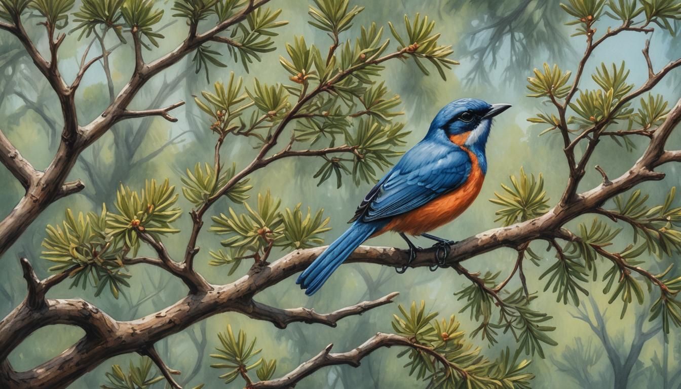 Blue Jay on Oak Branch: Gouache Watercolor Painting