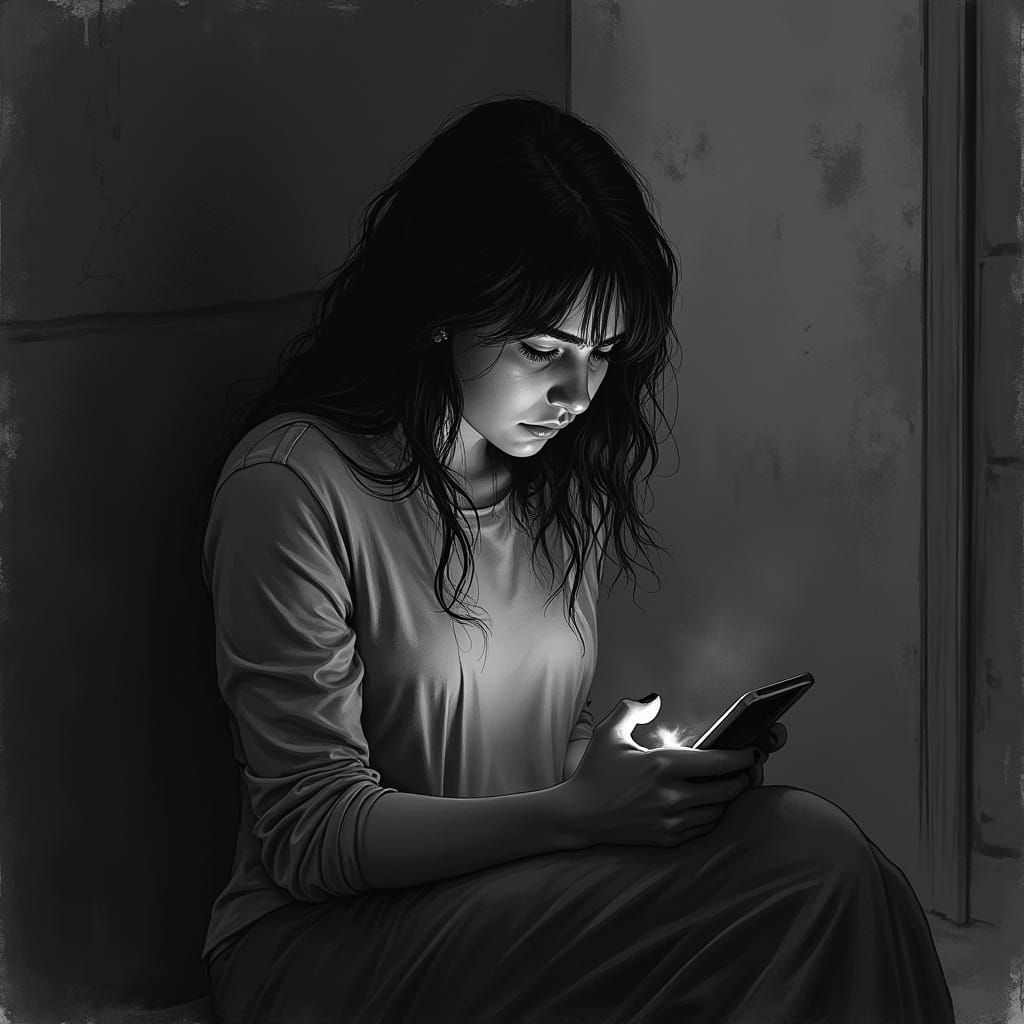 Sorrowful Woman in Black and White Illustration