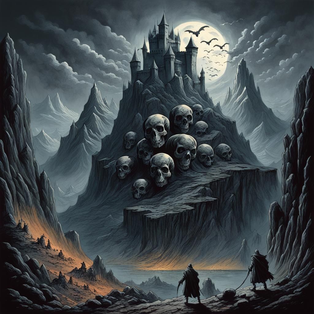 Horror Castle Between Mountains, Engraving Style