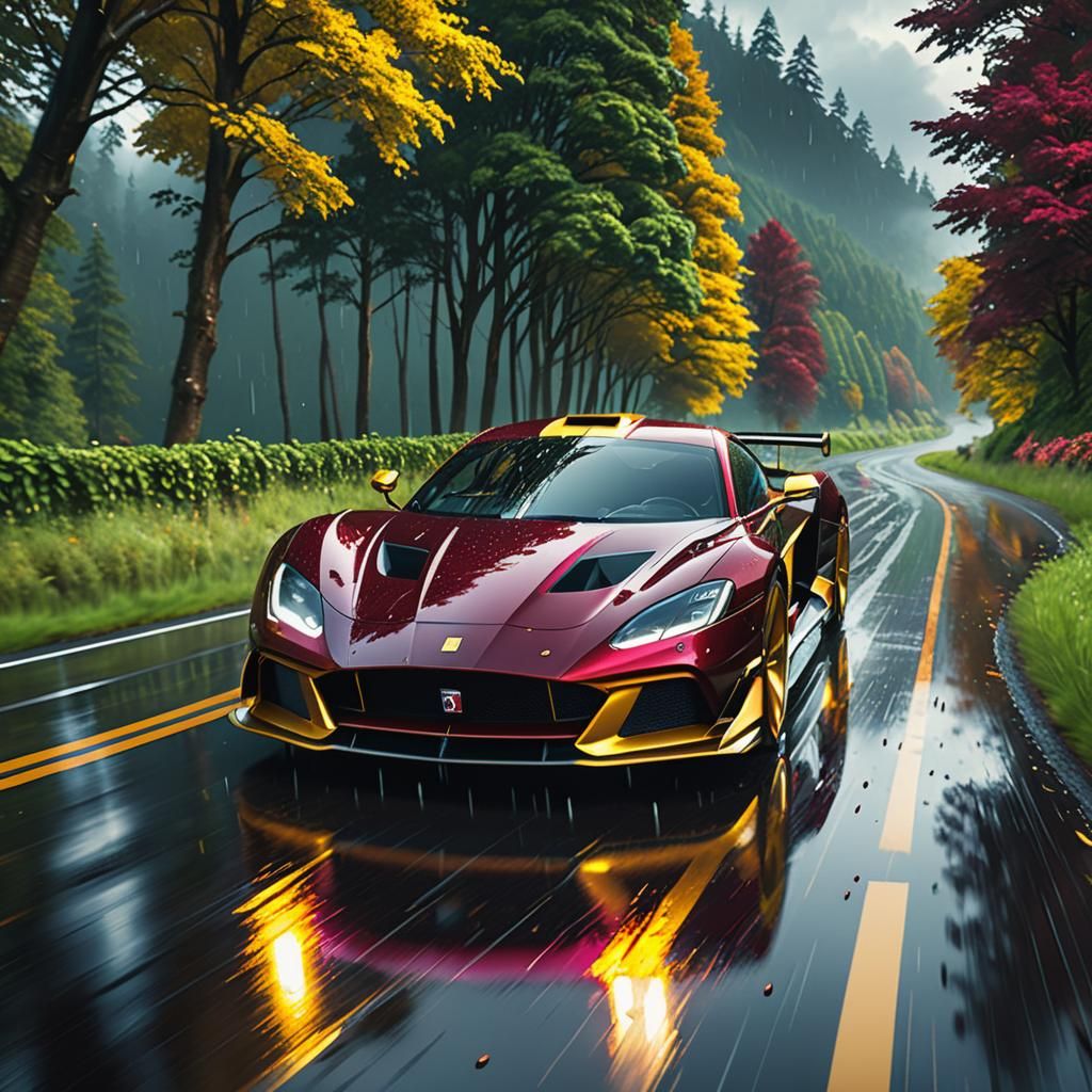 Maroon and Gold Racing Car on Rainy Road