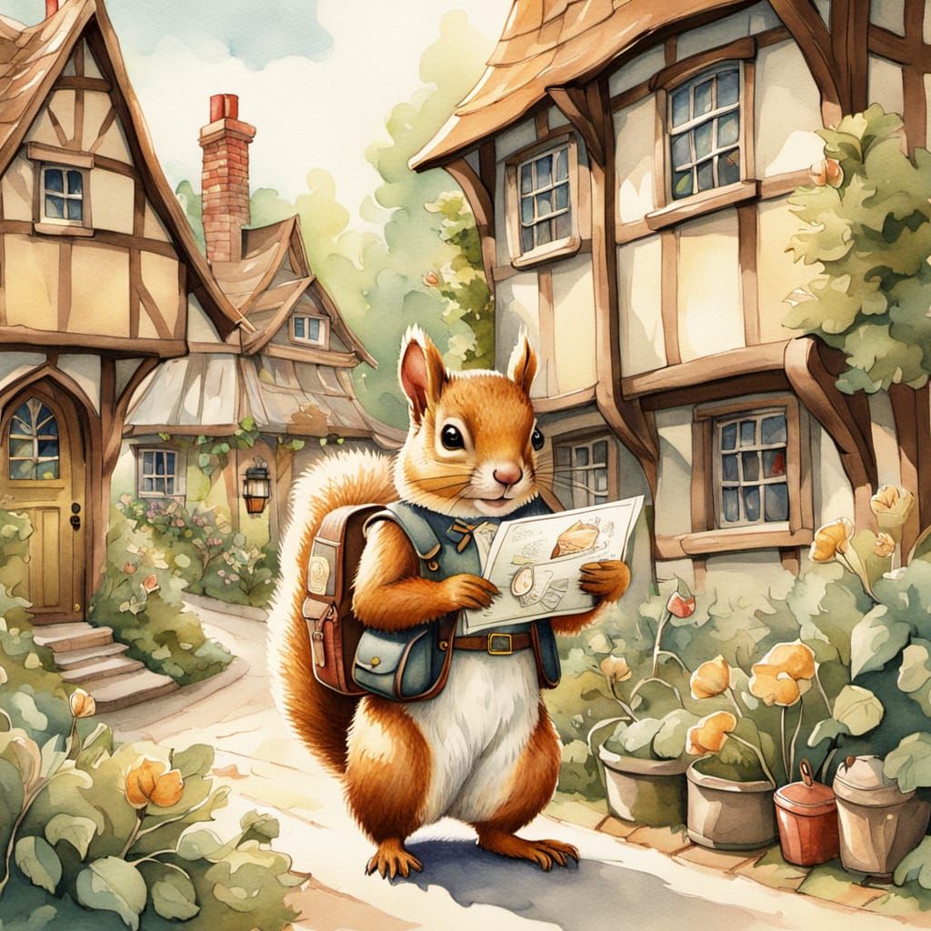 Squirrel Postman in Tudor Village Watercolor Illustration