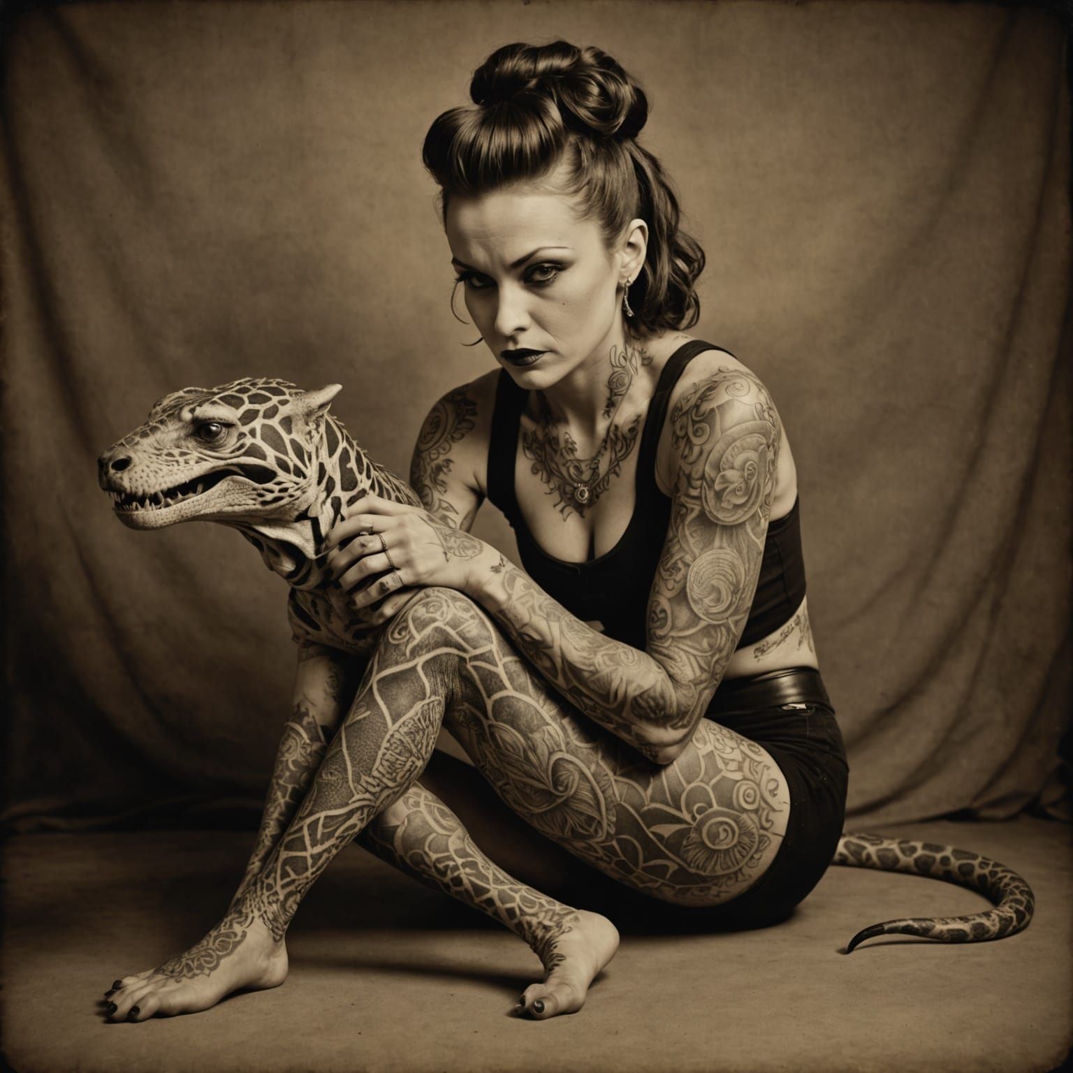 Tattooed Contortionist in Sepia Vintage Photo