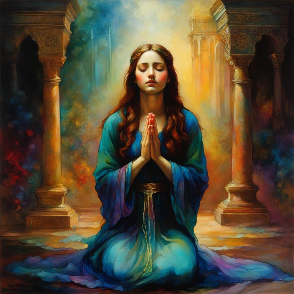Ethereal Woman in Prayer, Luminous Painting