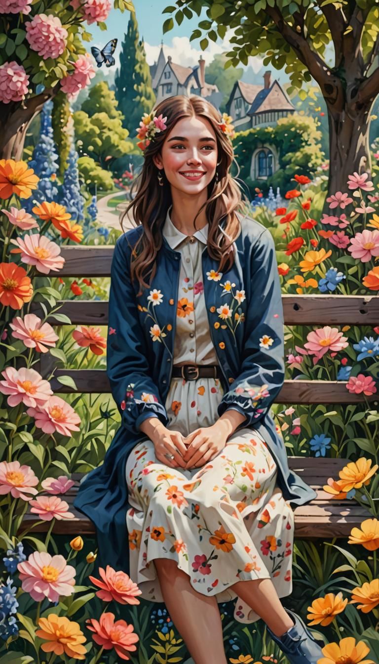 Woman in Flowery Garden, Gouache and Watercolor