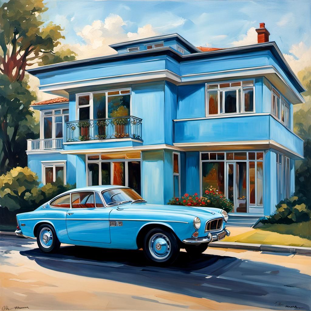 Art Deco House with Volvo in Oil Painting Style