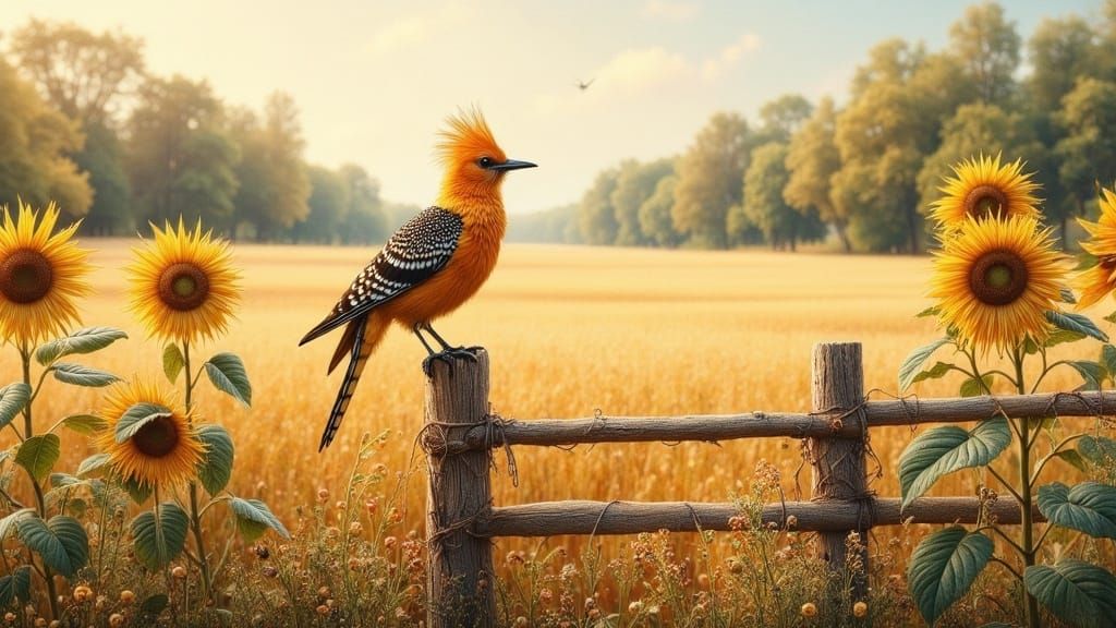 Hoopoe Bird in Rural Sunflower Field, Impressionist Style