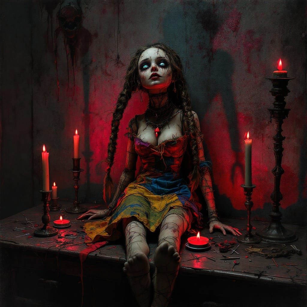 Surreal Voodoo Doll in a Dark, Mystical Room with Red Lighti...