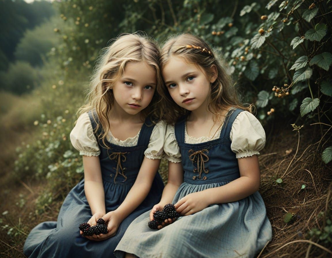 Joyful Children Gather Berries in Sunny Landscape