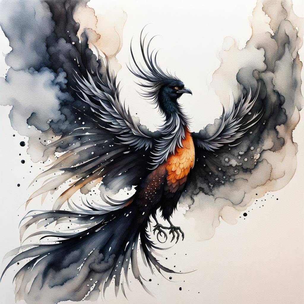 Smoky Phoenix Watercolor and Ink Painting