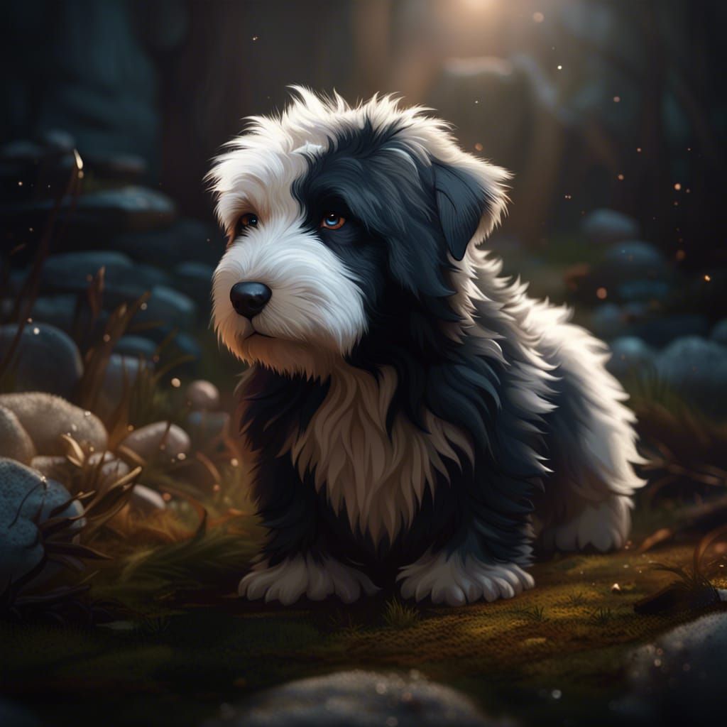 Hyperdetailed Old English Sheepdog Puppy, Dark Fantasy Art
