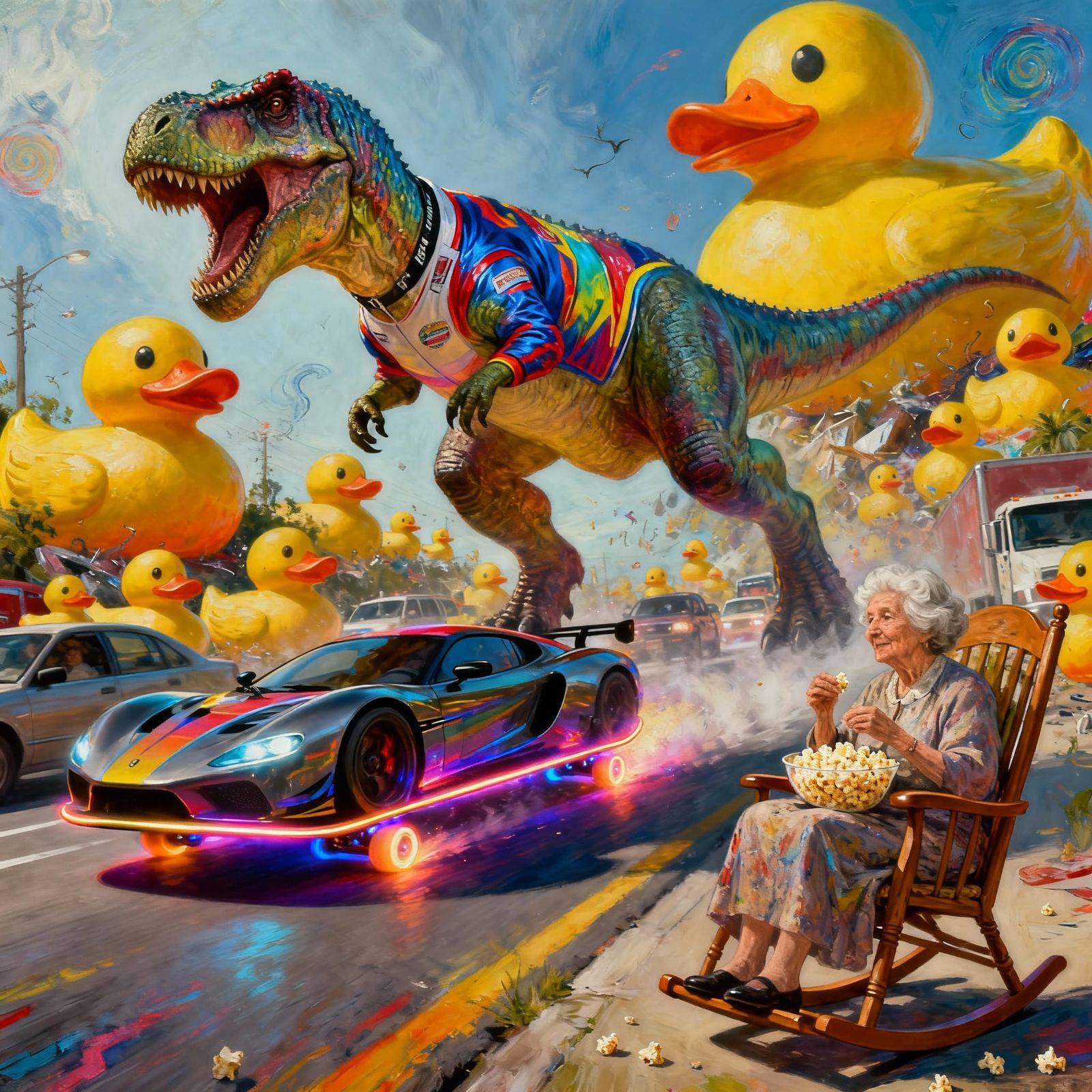 Giant Rubber Ducks & T-Rex on Skateboard in City Traffic